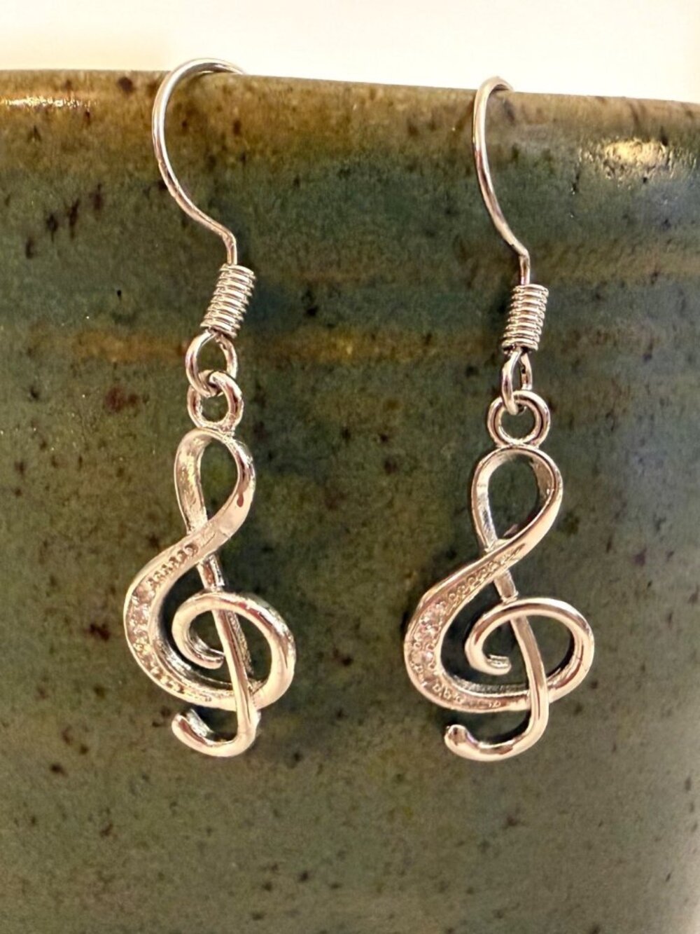 Treble Clef Earrings Silver Tone Cubic Zirconia Dangle Singer Music Jewelry
